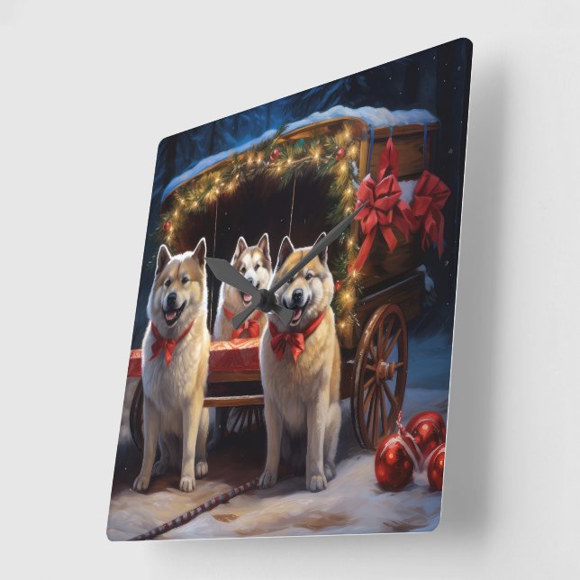 Akita Snowy Sleigh Ride Christmas Decor Square Wall Clock (Angle)