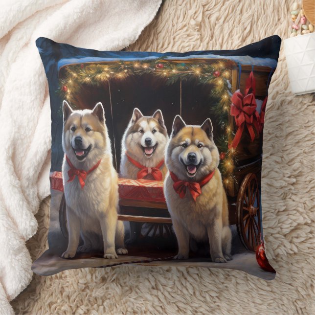 Akita Snowy Sleigh Ride Christmas Decor Throw Pillow (Blanket)