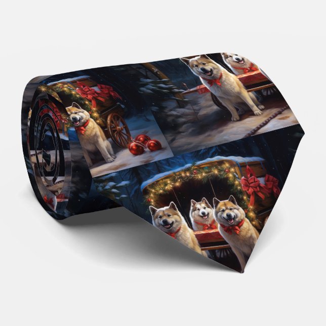 Akita Snowy Sleigh Ride Christmas Decor Tie (Rolled)