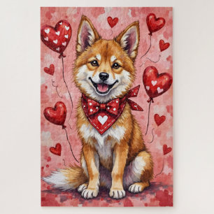 Akita Valentine Dog Art with Hearts and Balloons Jigsaw Puzzle