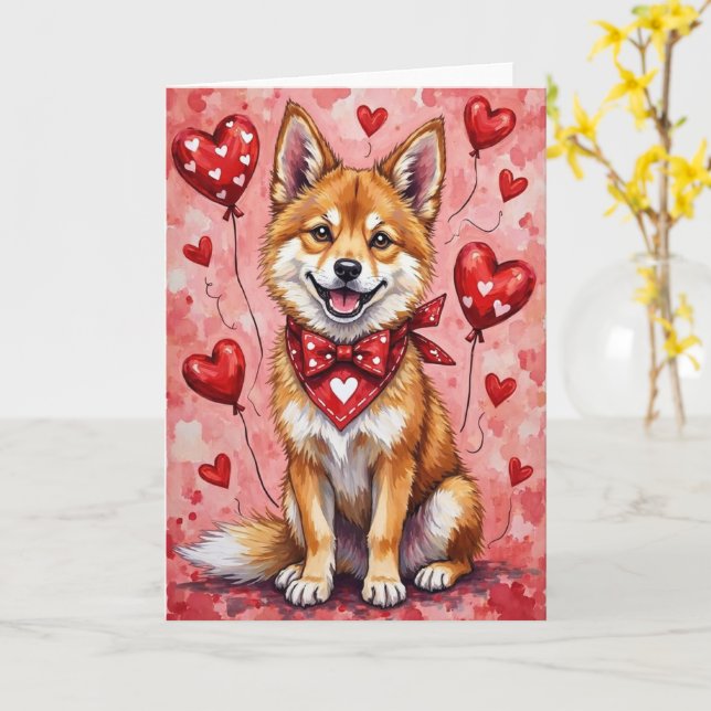 Akita Valentine’s Day Dog with Hearts Red Card (Yellow Flower)