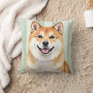 Akita Watercolor Striped Background Pet Art Throw Pillow