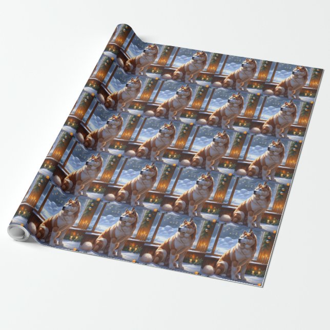 Akita With Christmas Lights Holiday Wrapping Paper (Unrolled)