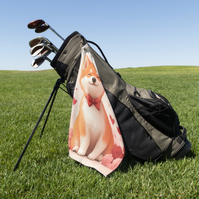 Akita with Roses - Valentine's Day  Golf Towel (Green)