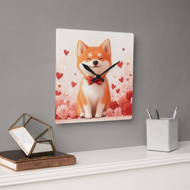 Akita with Roses - Valentine's Day  Square Wall Clock (Office)