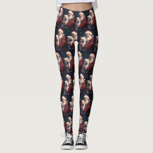 Akita with Santa Claus Festive Christmas  Leggings