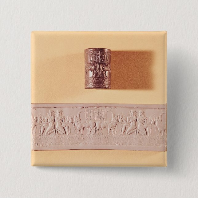 Akkadian cylinder seal and impression 2 inch square button (Front)