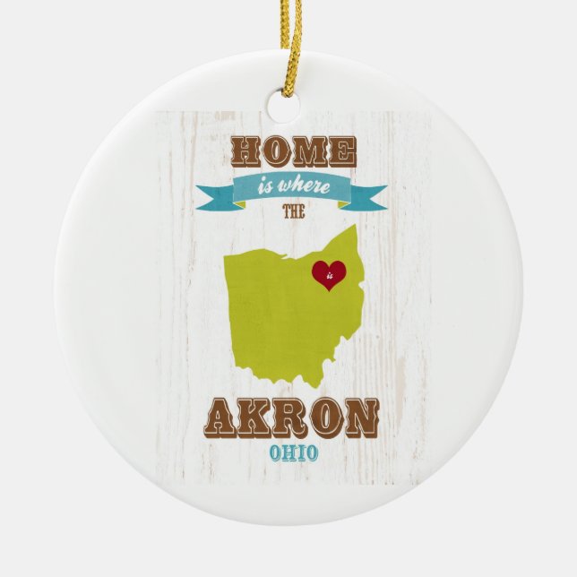 Akron, Ohio Map – Home Is Where The Heart Is Ceramic Ornament (Front)