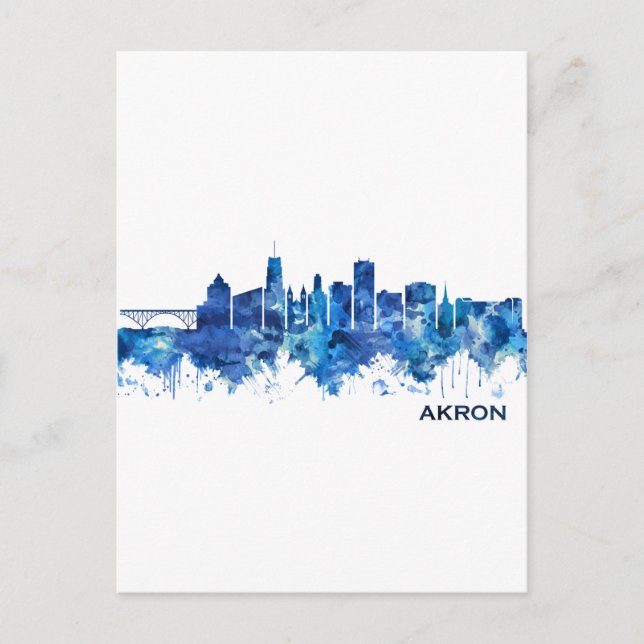 Akron Ohio Skyline Blue Holiday Postcard (Front)