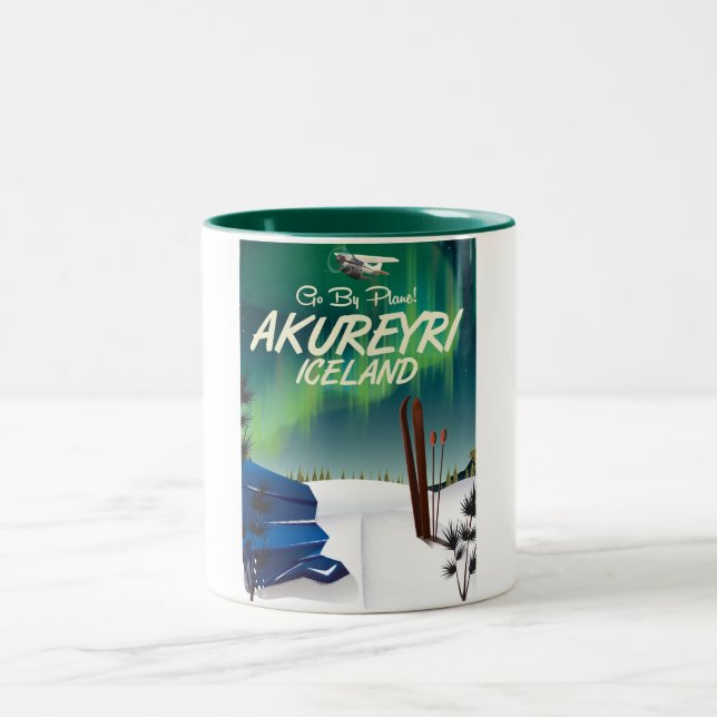 Akureyri Iceland travel poster Two-Tone Coffee Mug (Center)