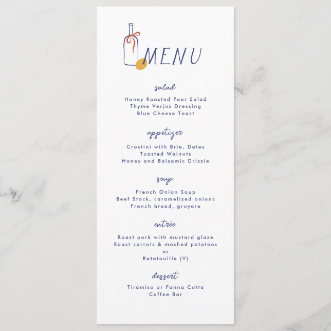 Al Fresco Wine Lemon Blue White Dinner Menu (Front)