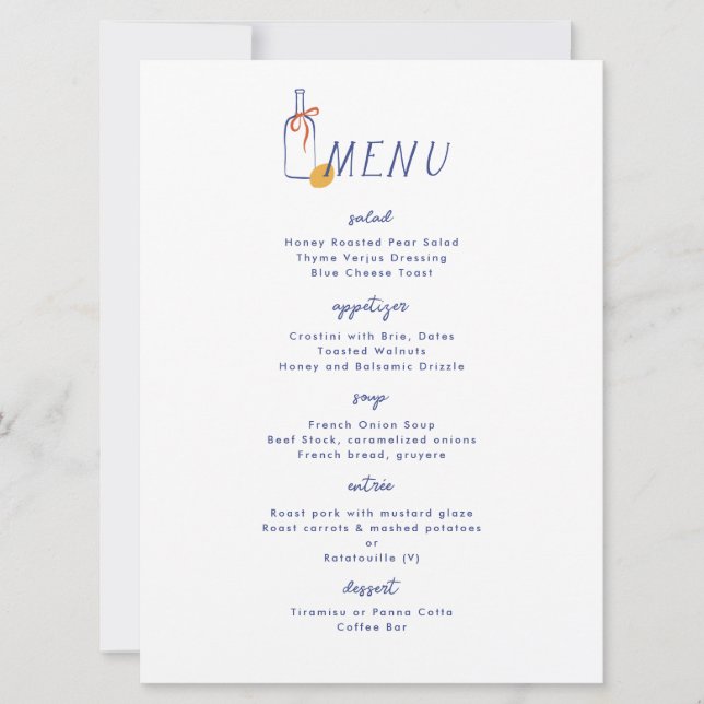 Al Fresco Wine Lemon Blue White Dinner Menu Invitation (Front)