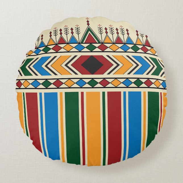 Al-Qatt Al-Asiri inspired geometric pattern. Round Pillow (Front)