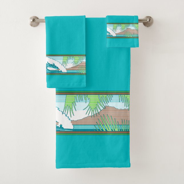 Ala Moana Diamond Head Hawaiian Surf Sign - Aqua Bath Towel Set (Insitu)