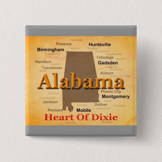 Alabama Aged Map Silhouette 2 Inch Square Button (Front)