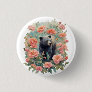 Alabama Black Bear Cub Surrounded by Camellia 1 Inch Round Button