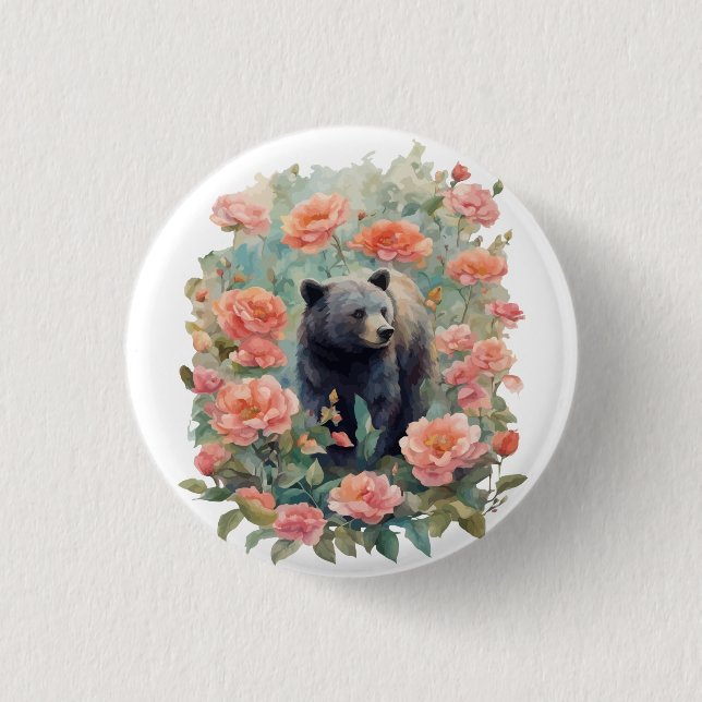 Alabama Black Bear Cub Surrounded by Camellia 1 Inch Round Button (Front)