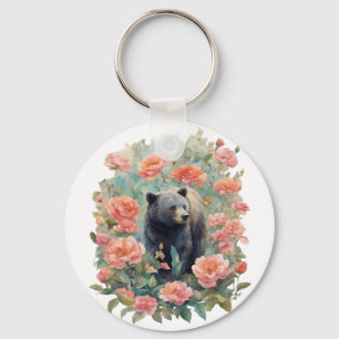 Alabama Black Bear Cub Surrounded by Camellia Keychain