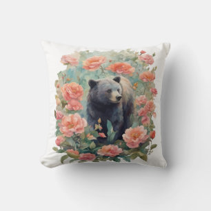 Alabama Black Bear Cub Surrounded by Camellia Throw Pillow