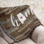 Alabama Home State Personalized Wood Look Throw Blanket<br><div class="desc">Show some home state pride with this cute rustic faux wood plank throw blanket featuring "home" in white calligraphy script lettering with a silhouette map of the state of Alabama standing in for the letter "O." A pink heart illustration inside the state map completes the design; you can change the...</div>