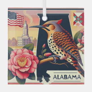 Alabama Northern Flicker Bird & Camellia Flower Glass Ornament