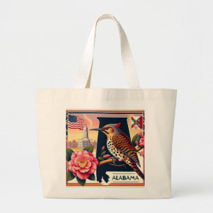 Alabama Northern Flicker Bird & Camellia Flower Large Tote Bag