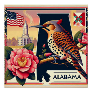 Alabama Northern Flicker Bird & Camellia Flower Poster