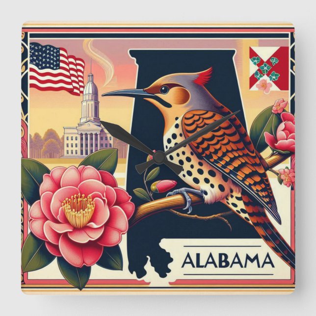 Alabama Northern Flicker Bird & Camellia Flower Square Wall Clock (Front)