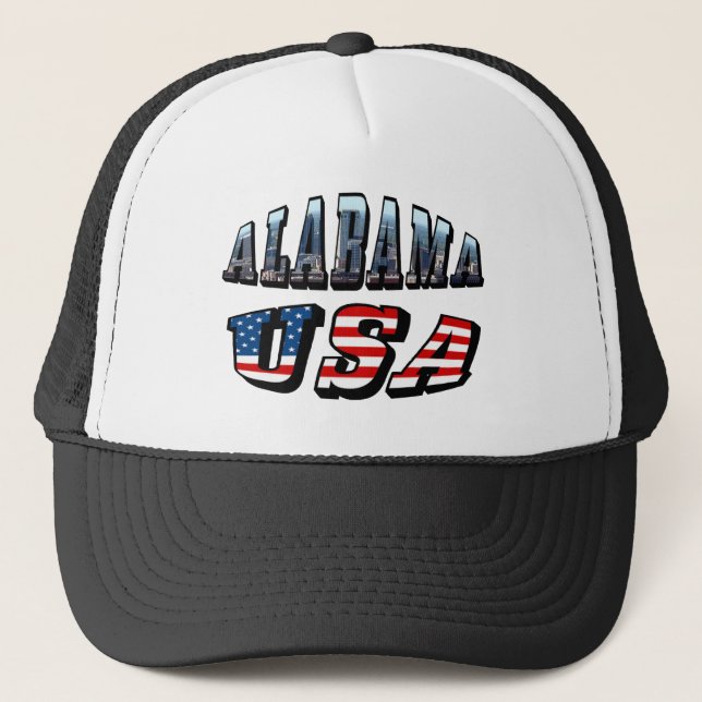 Alabama Picture and USA Flag Font Trucker Hat (Front)