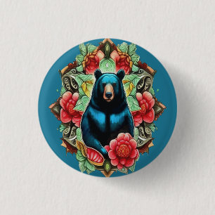 Alabama State Black Bear Surrounded by Camellia 1 Inch Round Button