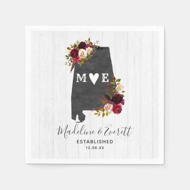 Alabama State Destination Rustic Wedding Monogram Napkin (Front)