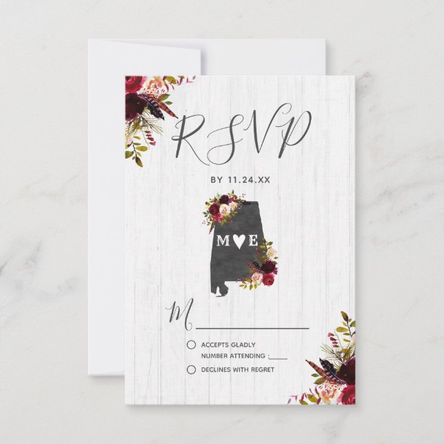 Alabama State Destination Rustic Wedding RSVP Card (Front)