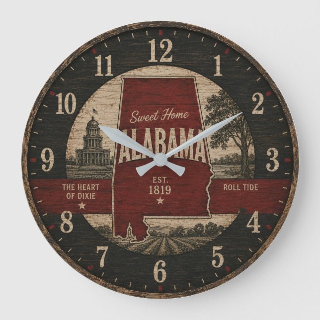 Alabama State Rustic Sweet Home Alabama Decor Large Clock (Front)