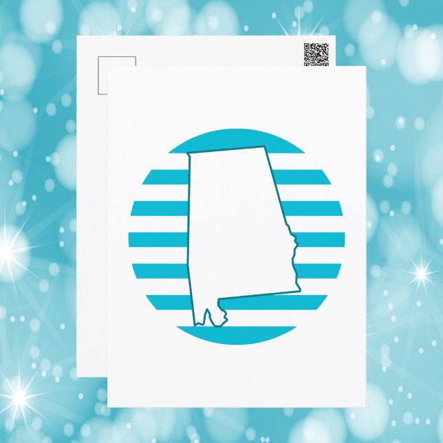 Alabama US State Outline Blue Retro Circle Postcard (A postcard with the state outline of Alabama and a blue retro circle.)