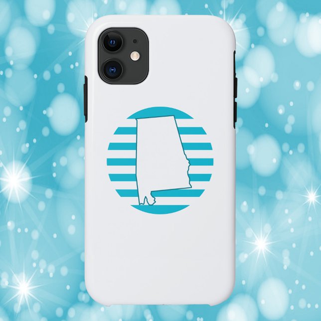 Alabama US State Outline Retro Circle Blue Case-Mate iPhone Case (A phone case with the outline of Alabama and a turquoise blue retro circle.)