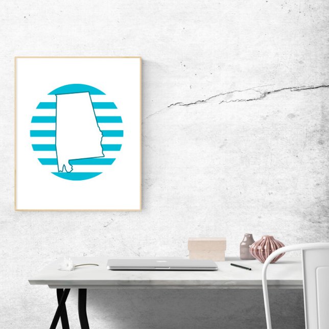 Alabama US State Outline Retro Circle Blue Poster (A poster featuring the state outline of Alabama and a blue retro circle)