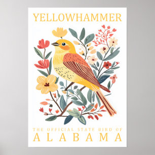 Alabama Yellowhammer State Bird Botanical Vintage Poster