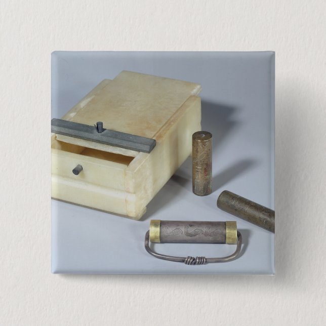 Alabaster box and bronze and silver seal cylinders 2 inch square button (Front)