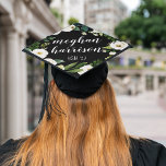 Alabaster Floral | Custom Name and Class Year Graduation Cap Topper<br><div class="desc">Beautiful grad cap topper features the graduate's name in elegant white calligraphy script,  on a black background adorned with white watercolor flowers and green foliage. Personalize with your class year and/or school.</div>