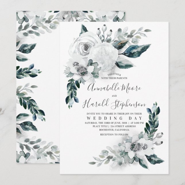 Alabaster Floral Greenery | Watercolor Wedding Invitation (Front/Back)