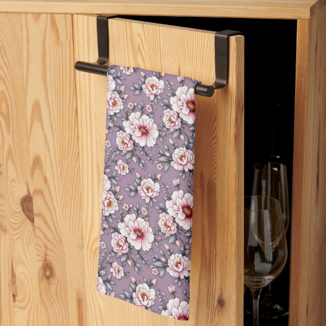 Alabaster Flowers on Dusty Lavender Kitchen Towel (Thirds Fold)