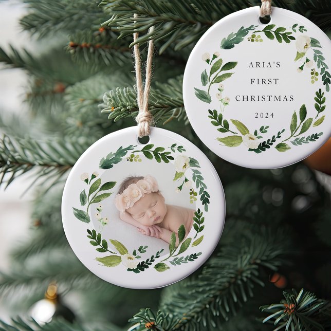 Alabaster Wreath Baby Photo Christmas Ceramic Ornament (Creator Uploaded)