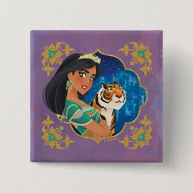 Aladdin | Jasmine And Raja Jewelled Graphic 2 Inch Square Button (Front)