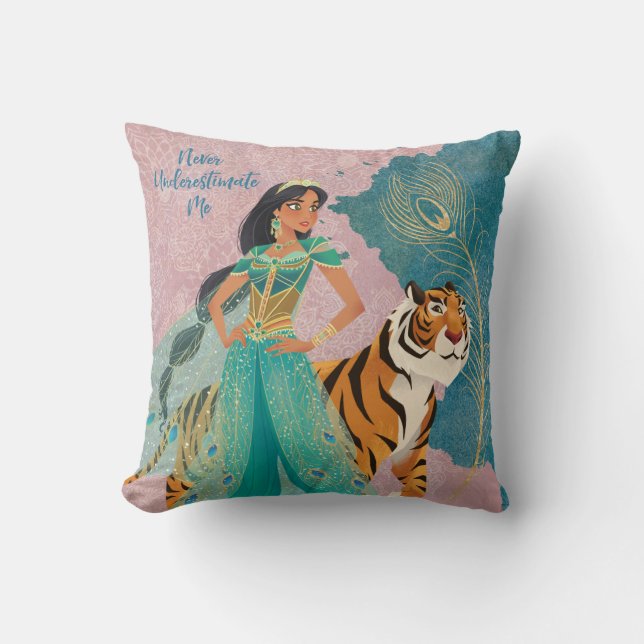 Aladdin | Jasmine & Raja "Never Underestimate Me" Throw Pillow (Front)