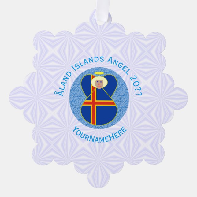 Åland Islands Flag Angel Personalized Ornament Card (Front)