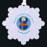 Åland Islands Flag Angel Personalized Ornament Card<br><div class="desc">On these personalized paper ornament cards, an angel wears the flag of the Åland Islands and flies in the centre of a digitally created, textured, blue, fractal circle. The primary colours in this design are blue and white, chosen with Hanukkah in mind. Blue letters read ÅLAND ISLANDS ANGEL and make...</div>