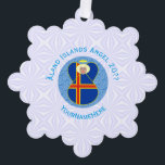 Åland Islands Flag Angel Personalized Ornament Card<br><div class="desc">On these personalized paper ornament cards, an angel wears the flag of the Åland Islands and flies in the centre of a digitally created, textured, blue, fractal circle. The primary colours in this design are blue and white, chosen with Hanukkah in mind. Blue letters read ÅLAND ISLANDS ANGEL and make...</div>