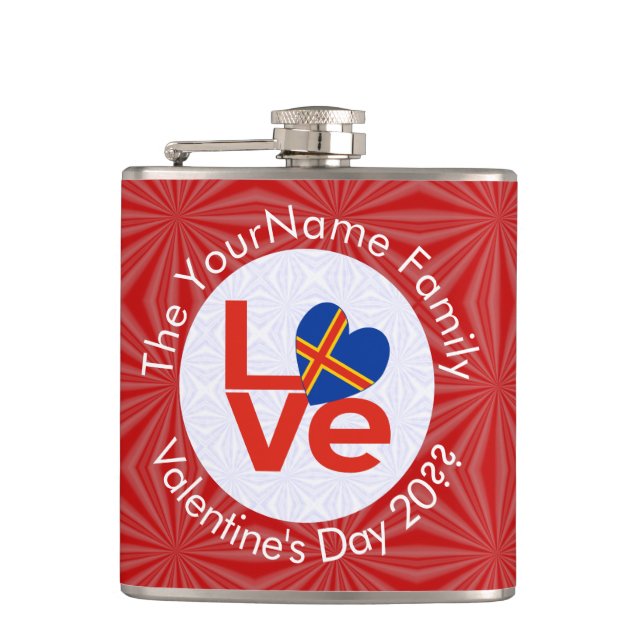 Åland Islands Red Letter LOVE Flag Personalized  Hip Flask (Front)