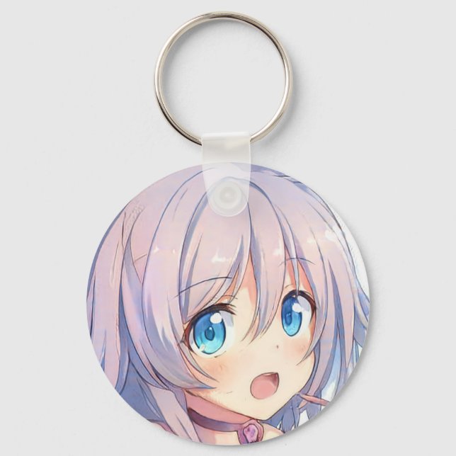 Alarmed anime girl grey hair blue eyes manga keychain (Front)