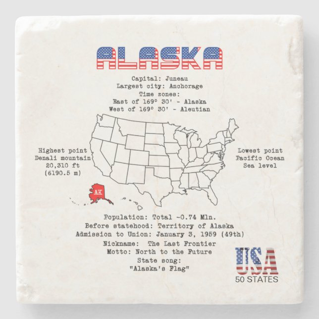 Alaska American state on a map and useful info Stone Coaster (Front)